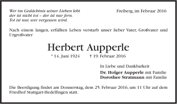 Traueranzeige von Herbert Aupperle von Stuttgarter Zeitung / Stuttgarter Nachrichten