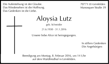 Traueranzeige von Aloysia Lutz von Stuttgarter Zeitung / Stuttgarter Nachrichten