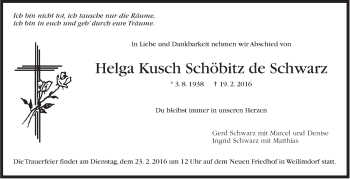 Traueranzeige von Helga Kusch Schöbitz de Schwarz von Stuttgarter Zeitung / Stuttgarter Nachrichten