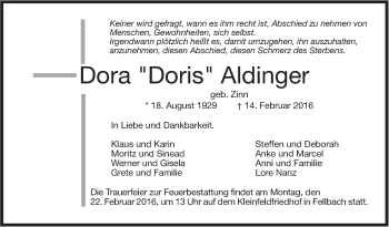 Traueranzeige von Dora Aldinger von Stuttgarter Zeitung / Stuttgarter Nachrichten