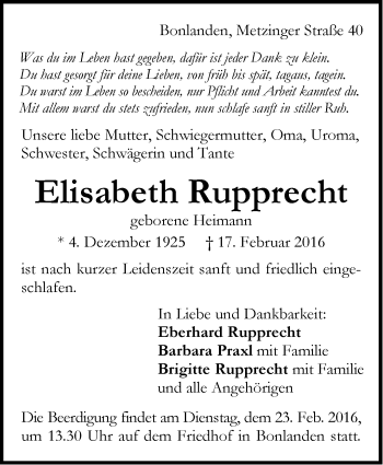 Traueranzeige von Elisabeth Rupprecht von Stuttgarter Zeitung / Stuttgarter Nachrichten