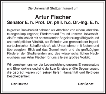 Traueranzeige von Artur Fischer von Stuttgarter Zeitung / Stuttgarter Nachrichten