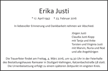 Traueranzeige von Erika Justi von Stuttgarter Zeitung / Stuttgarter Nachrichten
