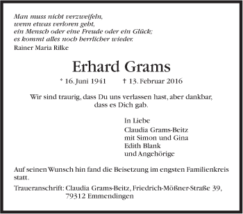 Traueranzeige von Erhard Grams von Stuttgarter Zeitung / Stuttgarter Nachrichten