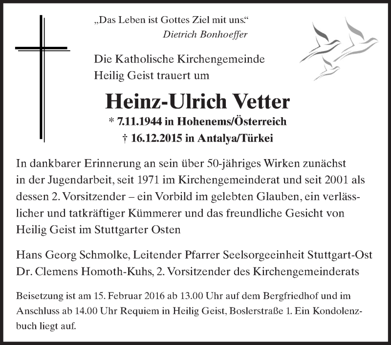  Traueranzeige für Heinz-Ulrich Vetter vom 06.02.2016 aus Stuttgarter Zeitung / Stuttgarter Nachrichten
