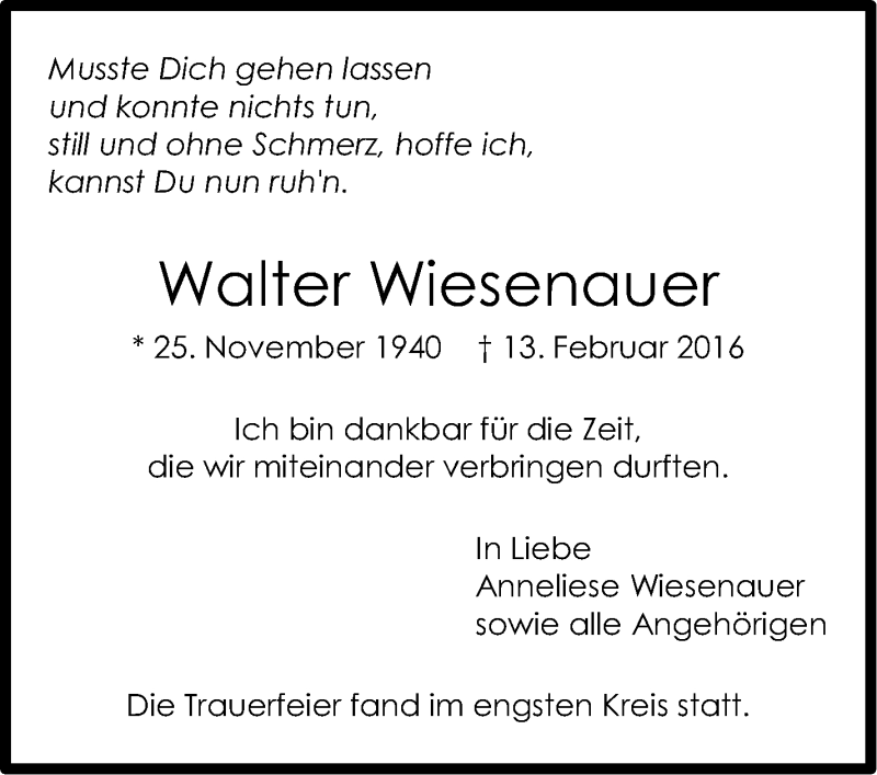  Traueranzeige für Walter Wiesenauer vom 24.02.2016 aus Stuttgarter Zeitung / Stuttgarter Nachrichten