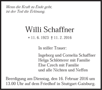 Traueranzeige von Willi Schaffner von Stuttgarter Zeitung / Stuttgarter Nachrichten