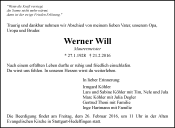 Traueranzeige von Werner Will von Stuttgarter Zeitung / Stuttgarter Nachrichten
