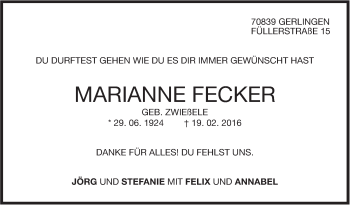 Traueranzeige von Marianne Fecker von Stuttgarter Zeitung / Stuttgarter Nachrichten
