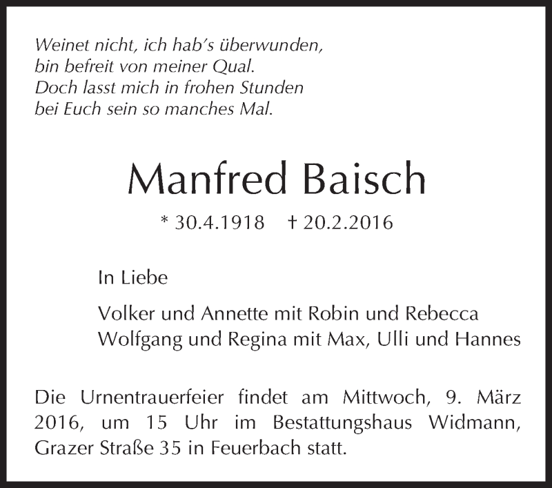  Traueranzeige für Manfred Baisch vom 26.02.2016 aus Stuttgarter Zeitung / Stuttgarter Nachrichten