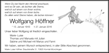 Traueranzeige von Wolfgang Höffner von Stuttgarter Zeitung / Stuttgarter Nachrichten