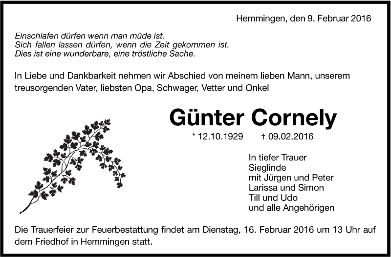  Traueranzeige für Günter Cornely vom 12.02.2016 aus Stuttgarter Zeitung / Stuttgarter Nachrichten