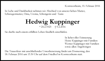 Traueranzeige von Hedwig Kuppinger von Stuttgarter Zeitung / Stuttgarter Nachrichten