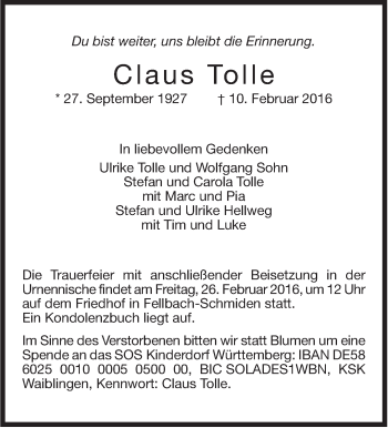 Traueranzeige von Claus Tolle von Stuttgarter Zeitung / Stuttgarter Nachrichten