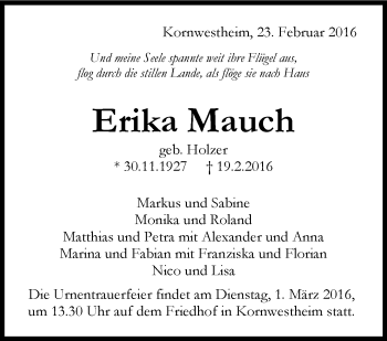 Traueranzeige von Erika Mauch von Stuttgarter Zeitung / Stuttgarter Nachrichten