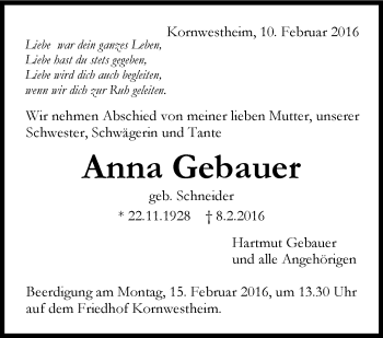 Traueranzeige von Anna Gebauer von Stuttgarter Zeitung / Stuttgarter Nachrichten