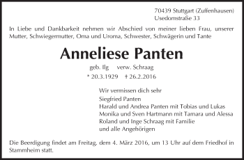Traueranzeige von Anneliese Panten von Stuttgarter Zeitung / Stuttgarter Nachrichten