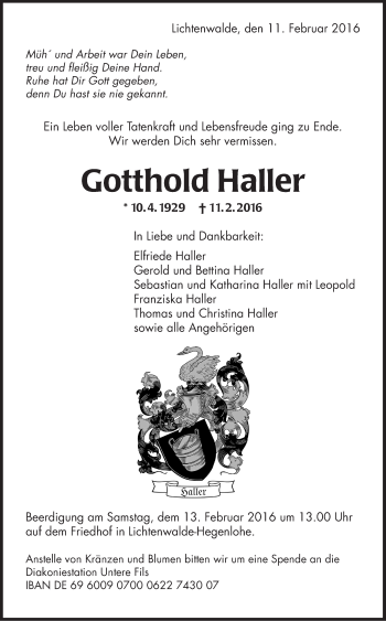 Traueranzeige von Gotthold Haller von Stuttgarter Zeitung / Stuttgarter Nachrichten