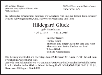 Traueranzeige von Hildegard Glück von Stuttgarter Zeitung / Stuttgarter Nachrichten