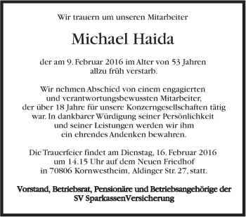 Traueranzeige von Michael Haida von Stuttgarter Zeitung / Stuttgarter Nachrichten