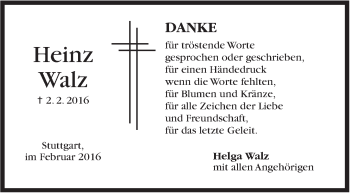 Traueranzeige von Heinz Walz von Stuttgarter Zeitung / Stuttgarter Nachrichten