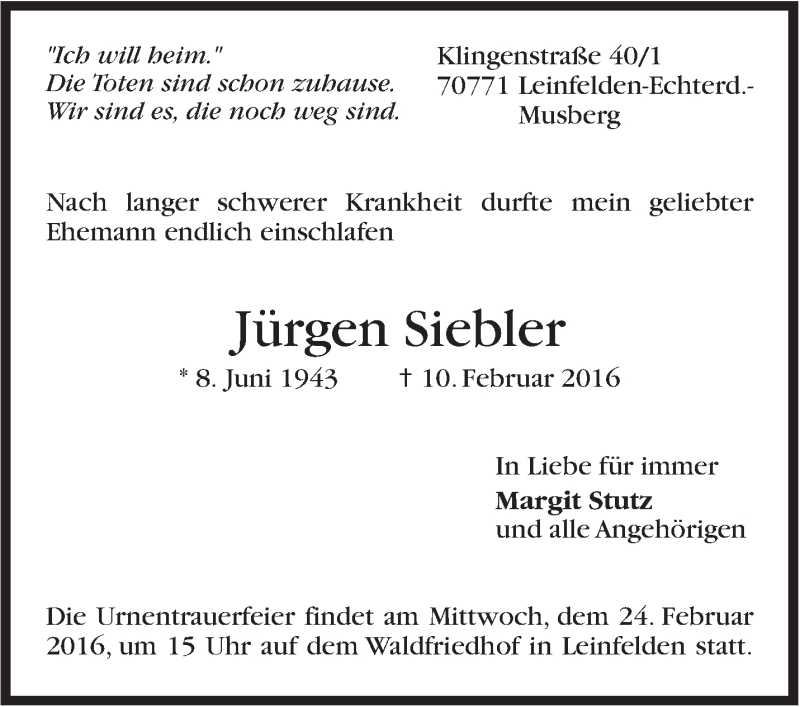  Traueranzeige für Jürgen Siebler vom 20.02.2016 aus Stuttgarter Zeitung / Stuttgarter Nachrichten