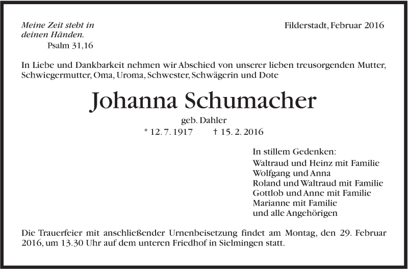  Traueranzeige für Johanna Schumacher vom 24.02.2016 aus Stuttgarter Zeitung / Stuttgarter Nachrichten