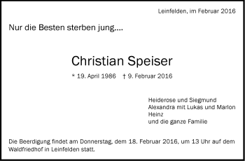 Traueranzeige von Christian Speiser von Stuttgarter Zeitung / Stuttgarter Nachrichten