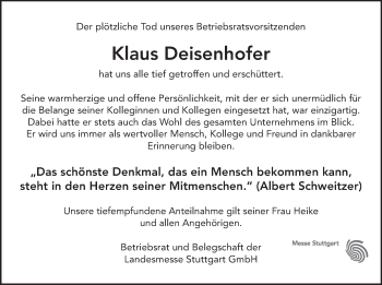 Traueranzeige von Klaus Deisenhofer von Stuttgarter Zeitung / Stuttgarter Nachrichten