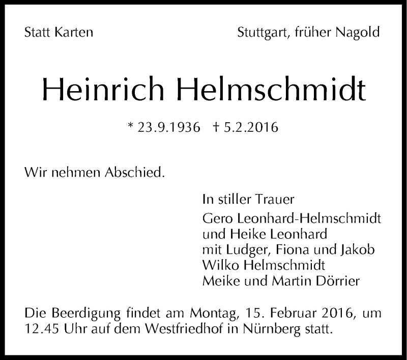 Traueranzeige für Heinrich Helmschmidt vom 10.02.2016 aus Stuttgarter Zeitung / Stuttgarter Nachrichten
