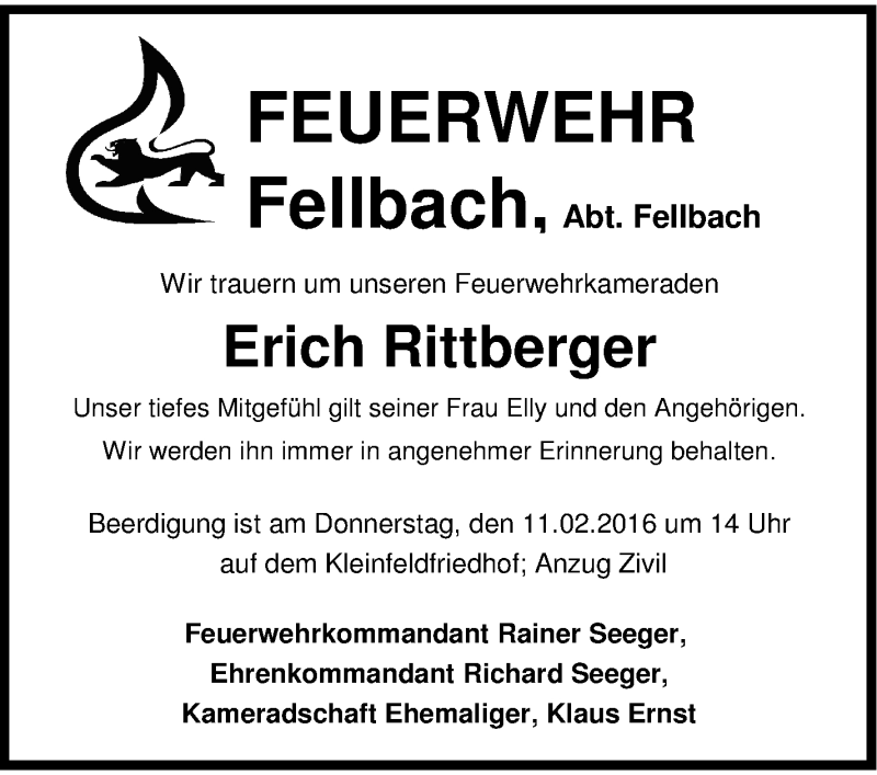  Traueranzeige für Erich Rittberger vom 11.02.2016 aus Stuttgarter Zeitung / Stuttgarter Nachrichten