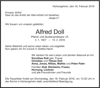Traueranzeige von Alfred Doll von Stuttgarter Zeitung / Stuttgarter Nachrichten