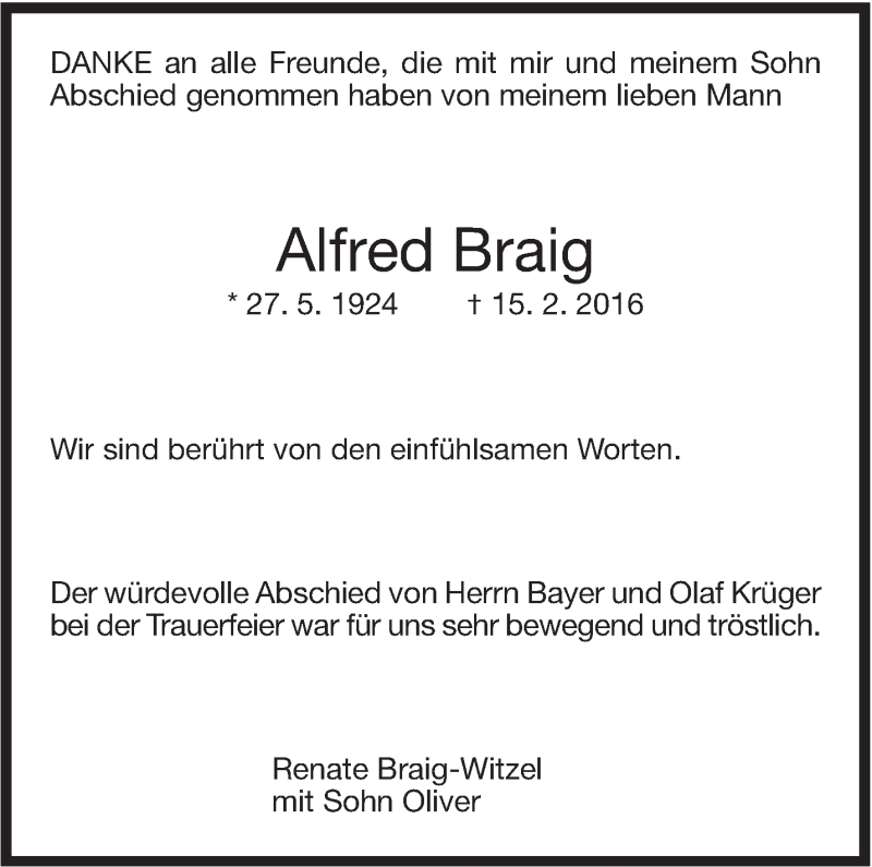  Traueranzeige für Alfred Braig vom 25.02.2016 aus Stuttgarter Zeitung / Stuttgarter Nachrichten