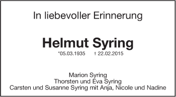 Traueranzeige von Helmut Syring von Stuttgarter Zeitung / Stuttgarter Nachrichten