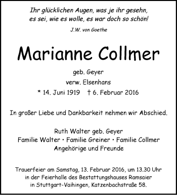 Traueranzeige von Marianne Collmer von Stuttgarter Zeitung / Stuttgarter Nachrichten