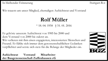 Traueranzeige von Rolf Müller von Stuttgarter Zeitung / Stuttgarter Nachrichten