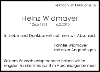 Traueranzeige von Heinz Widmayer von Stuttgarter Zeitung / Stuttgarter Nachrichten