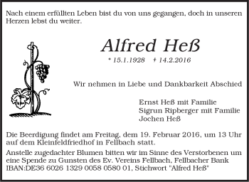 Traueranzeige von Alfred Heß von Stuttgarter Zeitung / Stuttgarter Nachrichten