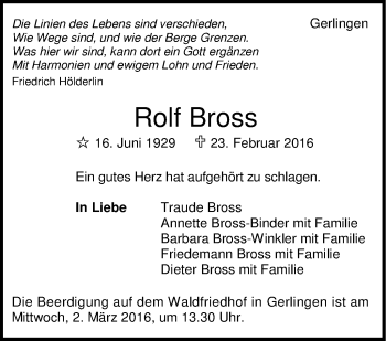 Traueranzeige von Rolf Bross von Stuttgarter Zeitung / Stuttgarter Nachrichten