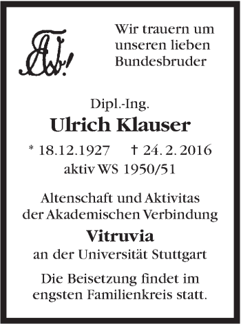 Traueranzeige von Ulrich Klauser von Stuttgarter Zeitung / Stuttgarter Nachrichten
