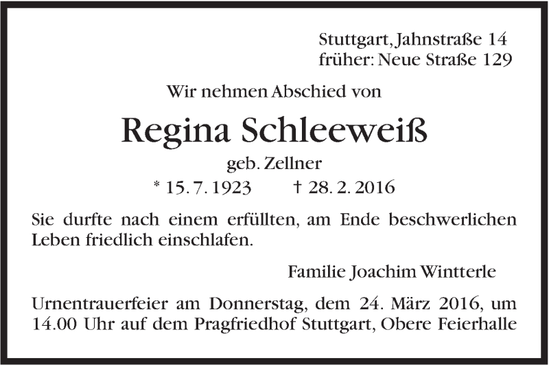  Traueranzeige für Regina Schleeweiß vom 19.03.2016 aus Stuttgarter Zeitung / Stuttgarter Nachrichten