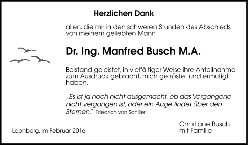 Traueranzeige für Manfred Busch vom 05.03.2016 aus Stuttgarter Zeitung / Stuttgarter Nachrichten