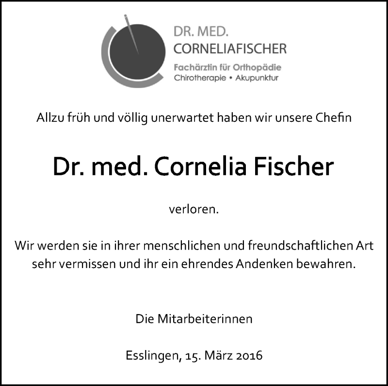  Traueranzeige für Cornelia Fischer vom 15.03.2016 aus Stuttgarter Zeitung / Stuttgarter Nachrichten