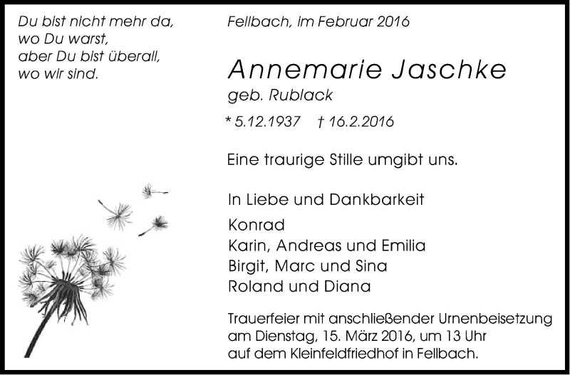  Traueranzeige für Annemarie Jaschke vom 04.03.2016 aus Stuttgarter Zeitung / Stuttgarter Nachrichten