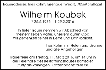 Traueranzeige von Wilhelm Koubek von Stuttgarter Zeitung / Stuttgarter Nachrichten