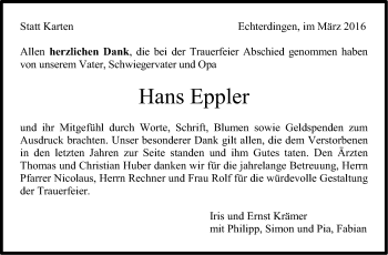 Traueranzeige von Hans Eppler von Stuttgarter Zeitung / Stuttgarter Nachrichten