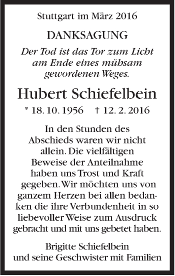 Traueranzeige von Hubert Schiefelbein von Stuttgarter Zeitung / Stuttgarter Nachrichten