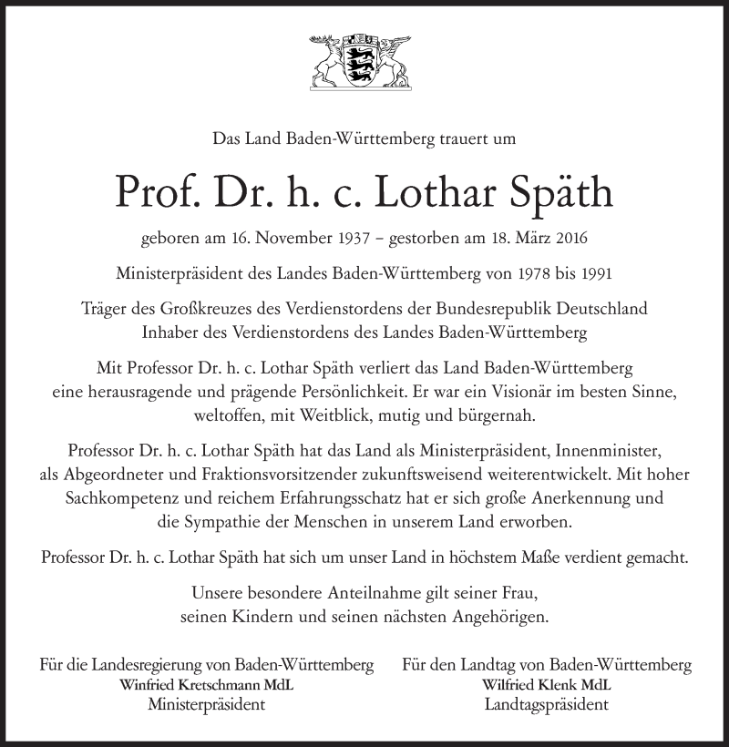  Traueranzeige für Lothar Späth vom 23.03.2016 aus Stuttgarter Zeitung / Stuttgarter Nachrichten