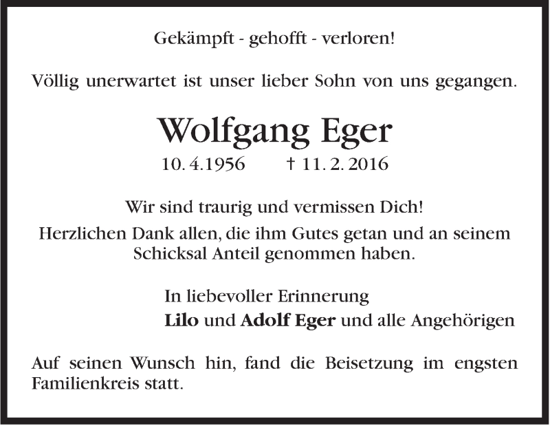  Traueranzeige für Wolfgang Eger vom 03.03.2016 aus Stuttgarter Zeitung / Stuttgarter Nachrichten