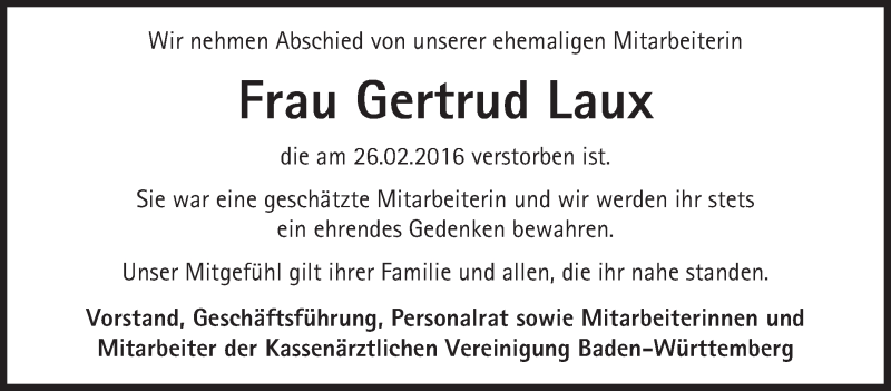  Traueranzeige für Gertrud Laux vom 17.03.2016 aus Stuttgarter Zeitung / Stuttgarter Nachrichten
